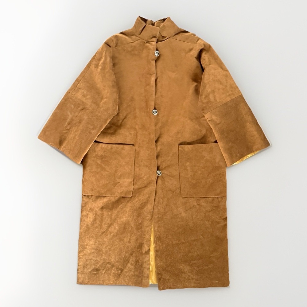 VTG 70s Suede Leather Mod Trench Coat Womens 2X-3X Brown Minimalist Patch Pocket - Picture 2 of 9